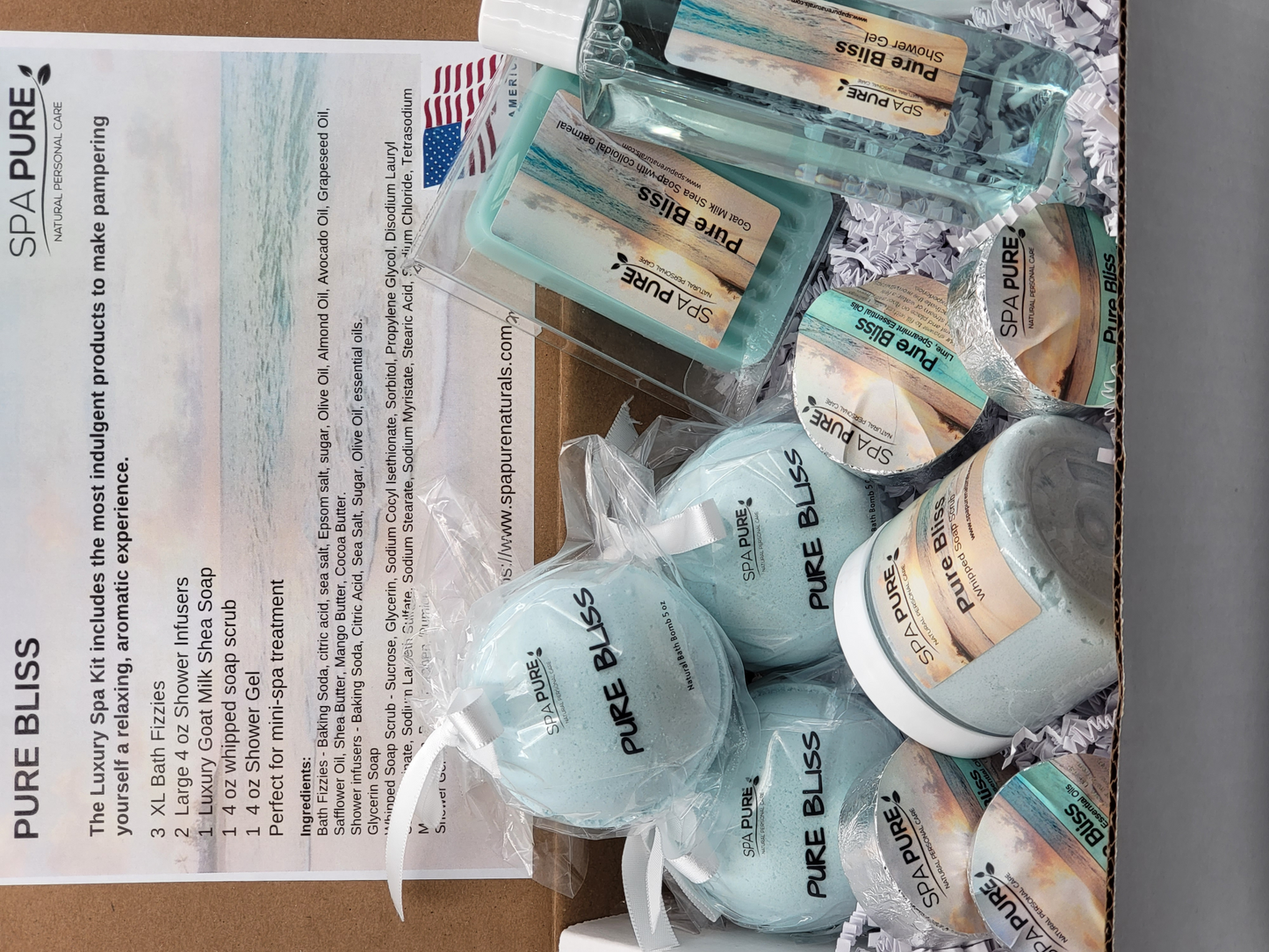 Spa Pure Luxury Spa Kit - Pure Bliss - 3 XL Bath Fizzies, 3 Shower Steamers, 4 oz whipped soap scrub, 4 oz shower gel, Perfect for a mini-spa treatment.