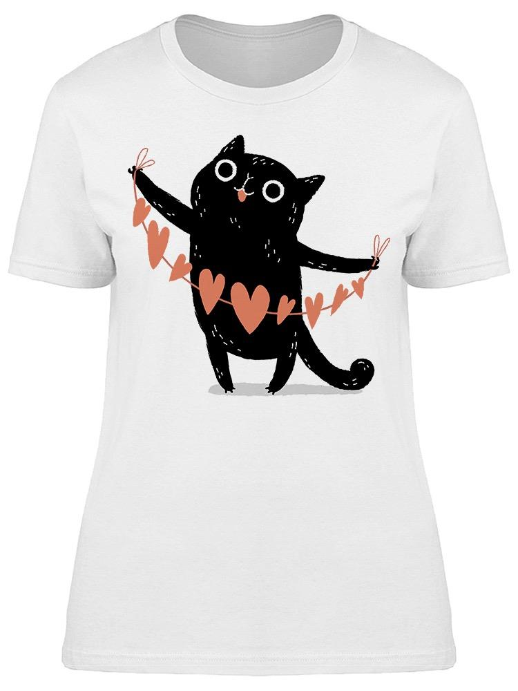 Black Kitty With Paper Hearts Tee Women's -Image by Shutterstock