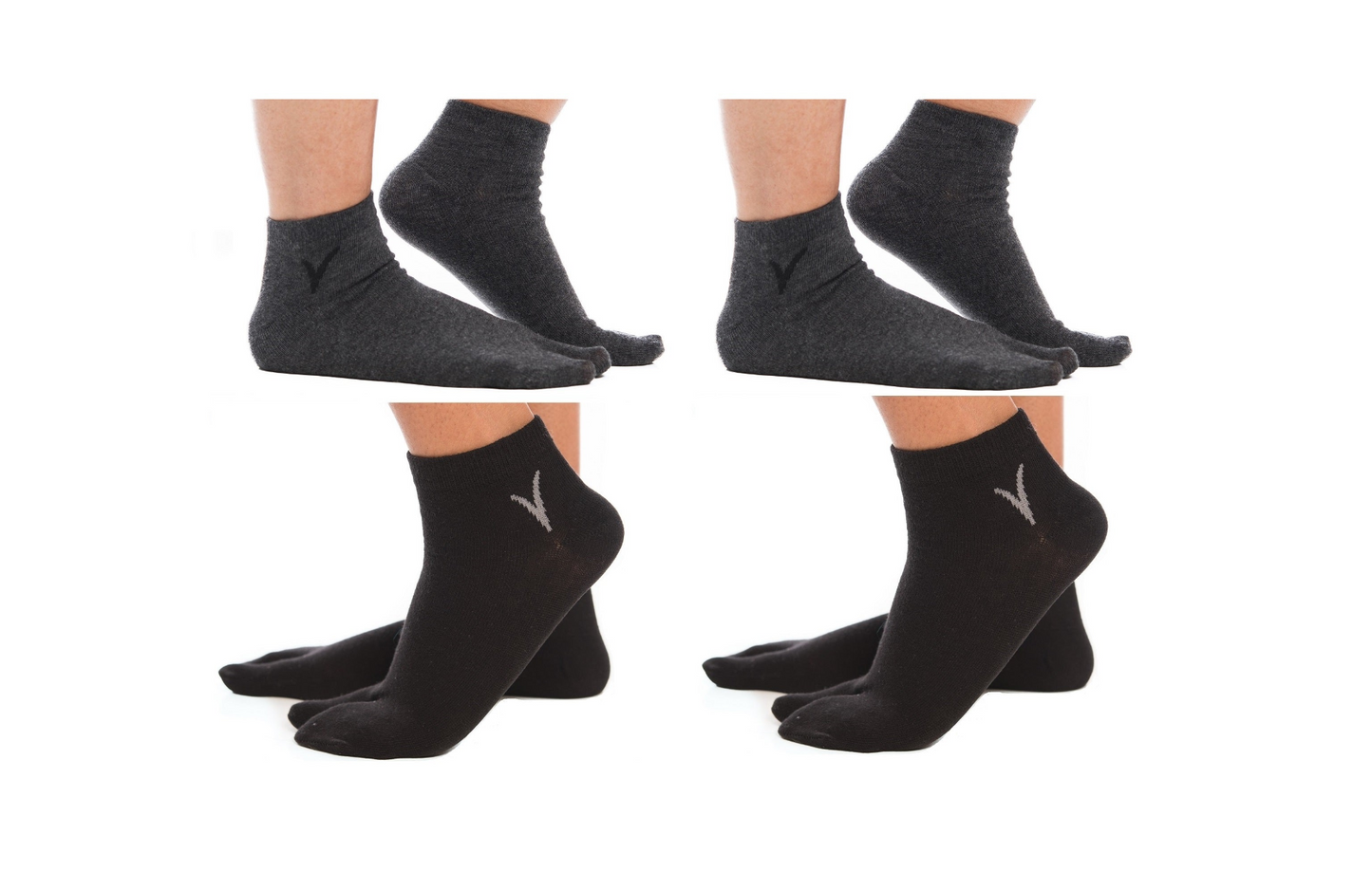 4 Pairs - 2 Black, 2 Gunmetal Grey Ankle Casual V-Toe Flip-Flop Tabi Big Toe Socks
