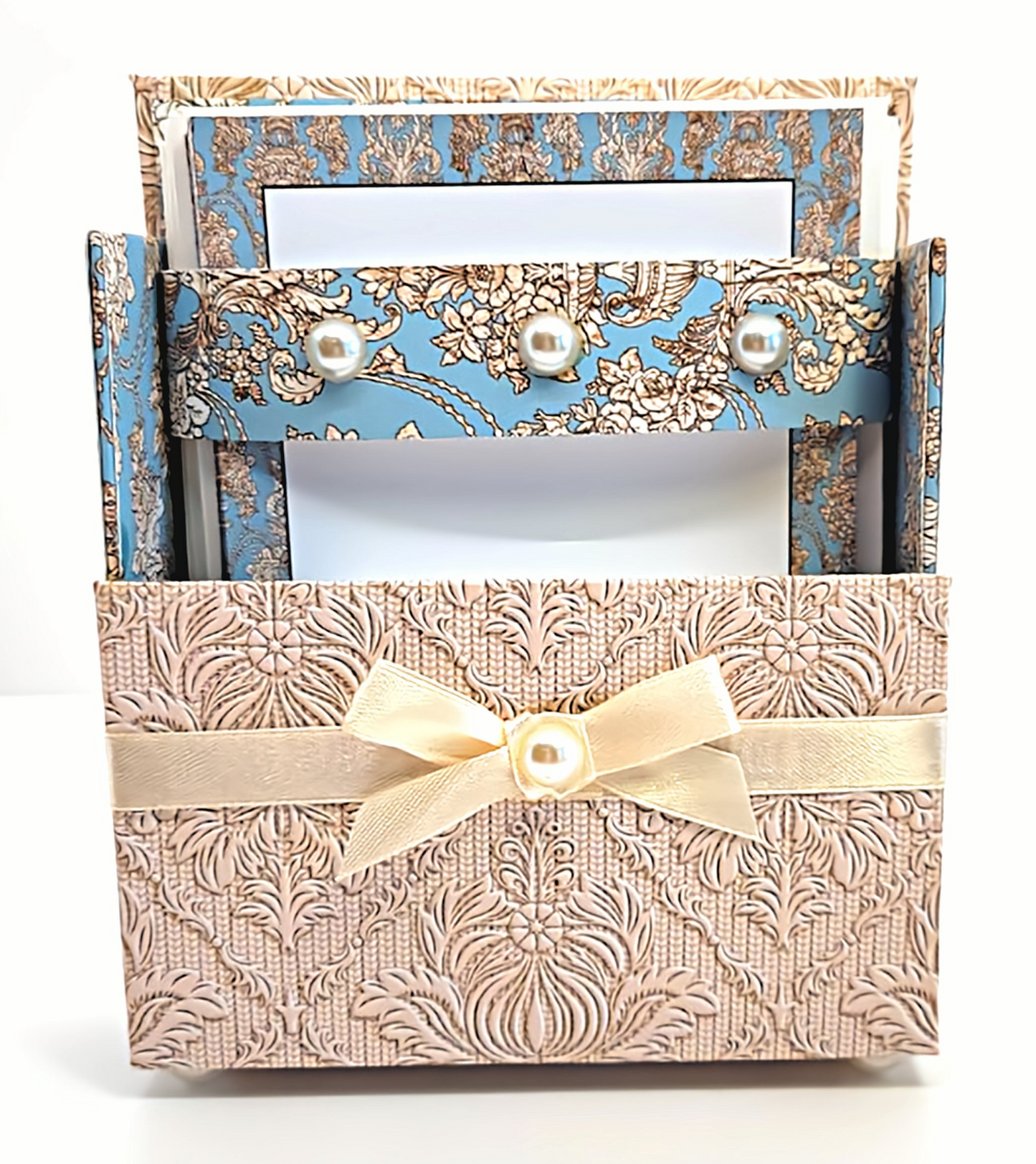 42-Pc Stationery Gift Box Set w/Reusable Desktop Organizer Box and Gold Pen - Blue & Ivory Lace