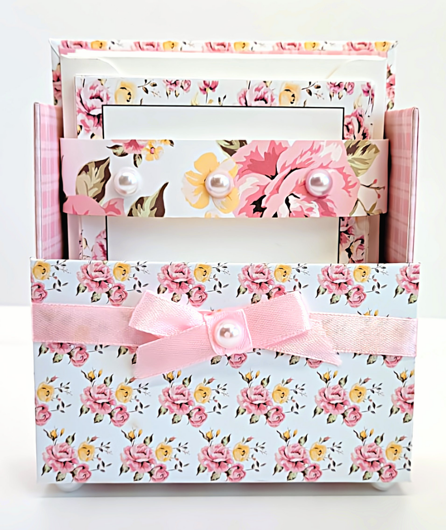 42-Pc Stationery Gift Box Set w/Reusable Desktop Organizer Box and Gold Pen - Pink & Yellow Posies