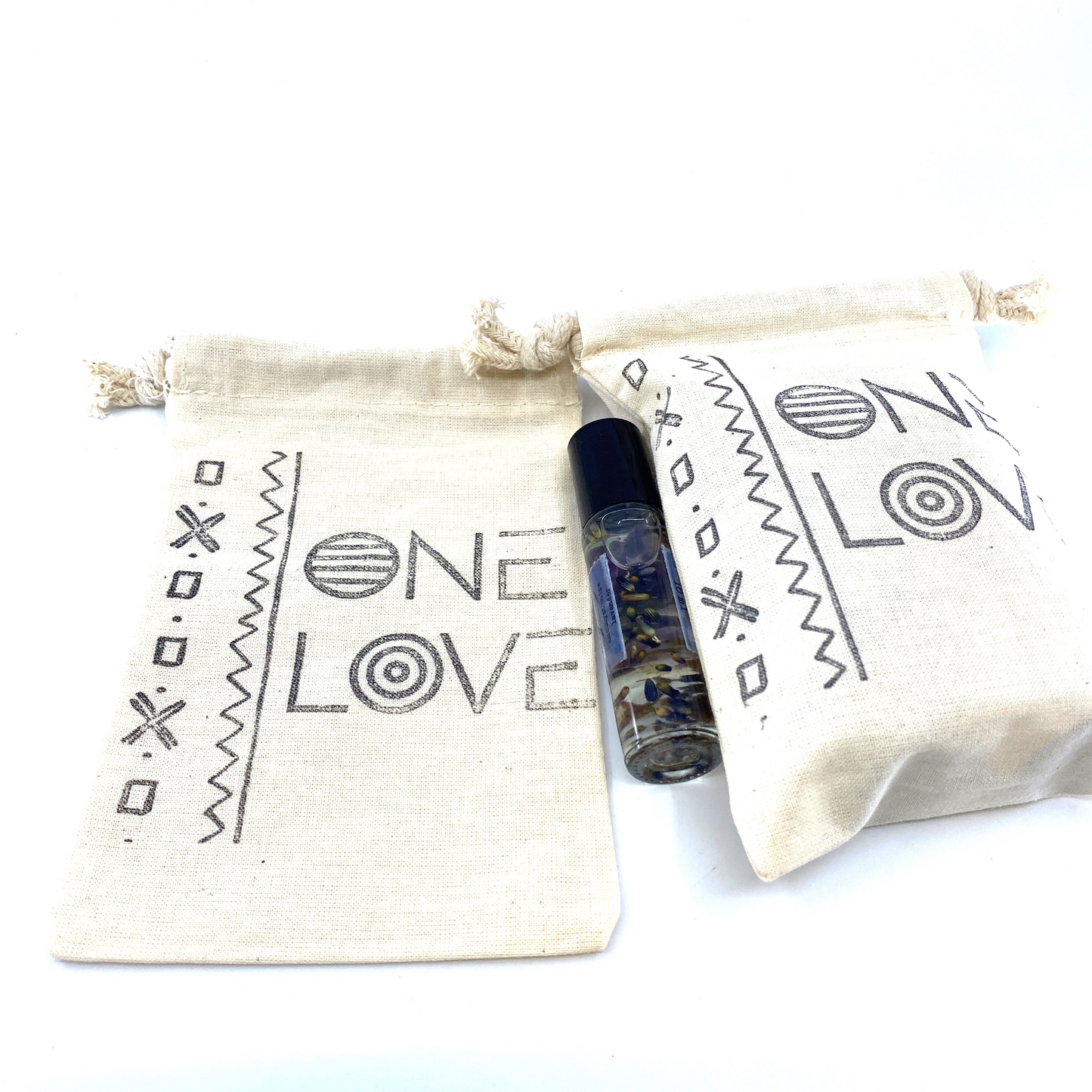 Hand Stamped, One Love, Cotton Drawstring Pouches 4" x 6"