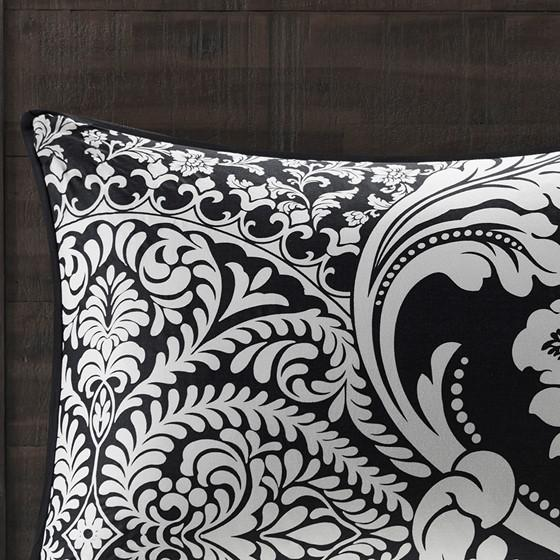 7 Piece Cotton Printed Comforter Set, Black, 90x90x1.5