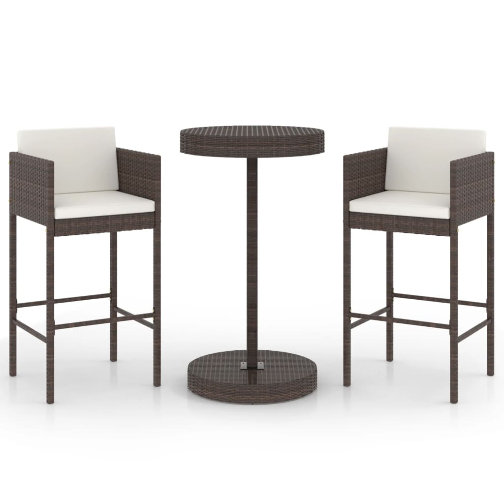 vidaXL 3 Piece Patio Bar Set with Cushions Poly Rattan Brown
