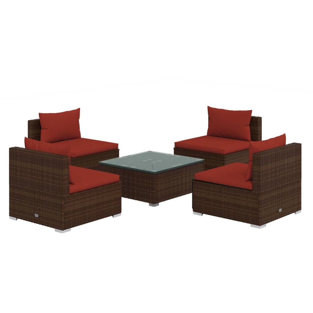 vidaXL 5 Piece Patio Lounge Set with Cushions Poly Rattan Brown