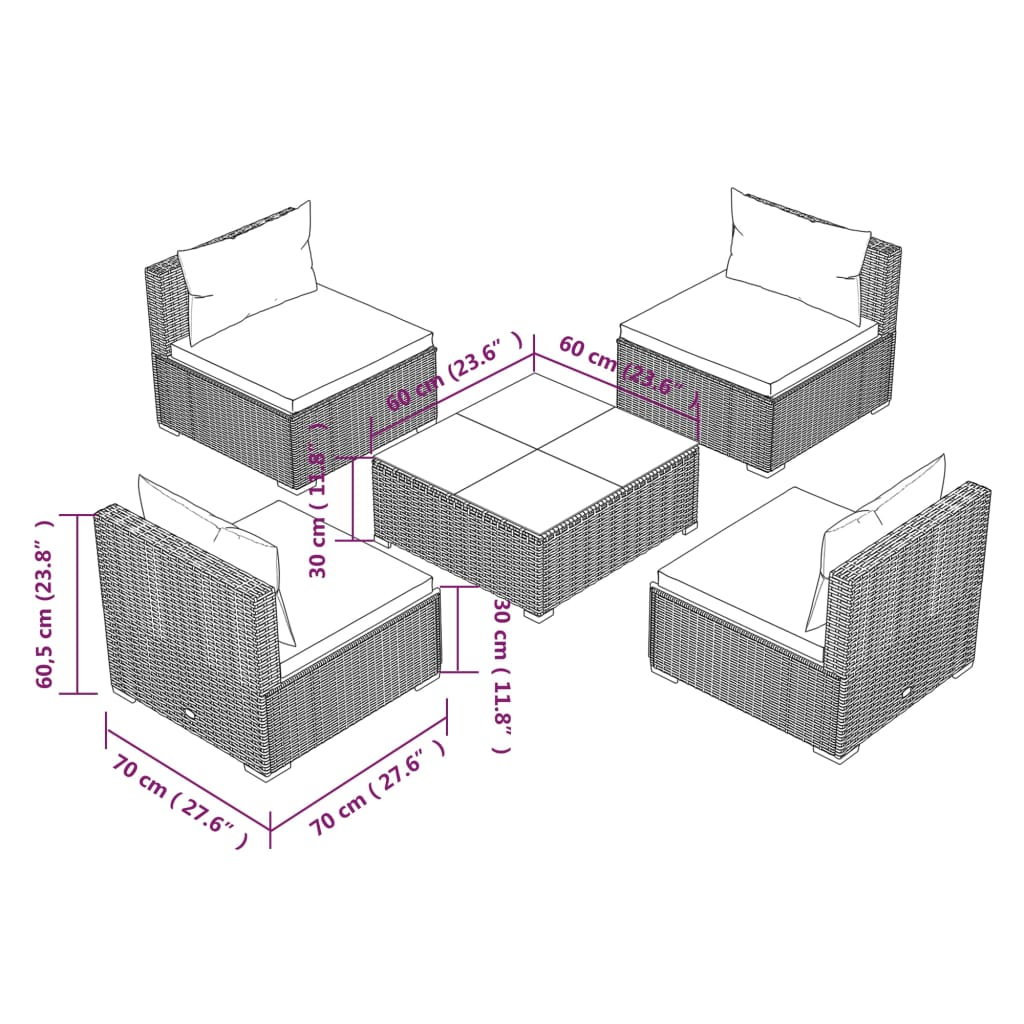 vidaXL 5 Piece Patio Lounge Set with Cushions Poly Rattan Brown