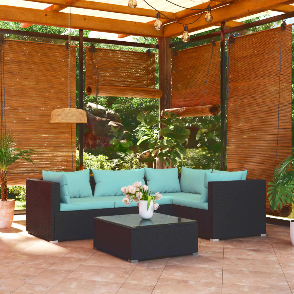 vidaXL 5 Piece Patio Lounge Set with Cushions Poly Rattan Black