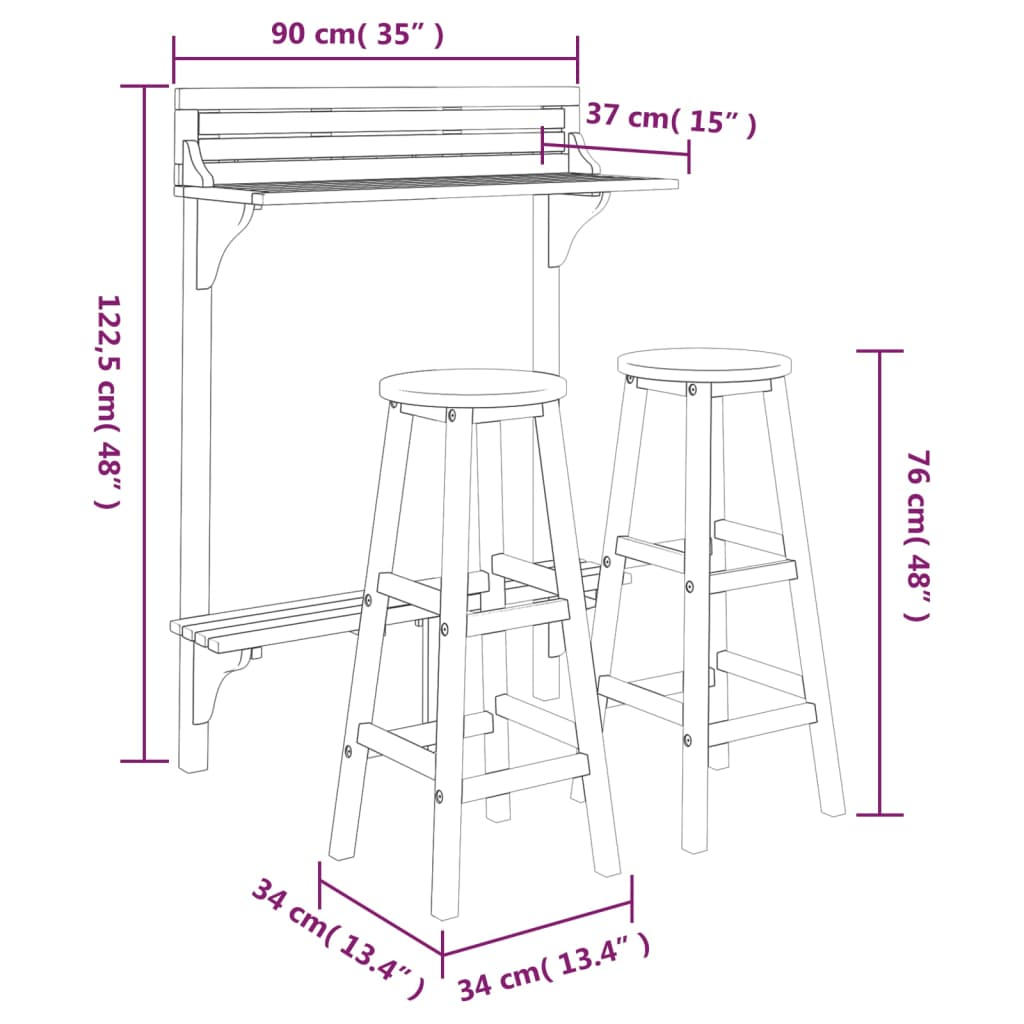 vidaXL 3 Piece Balcony Bar Set Solid Wood Acacia