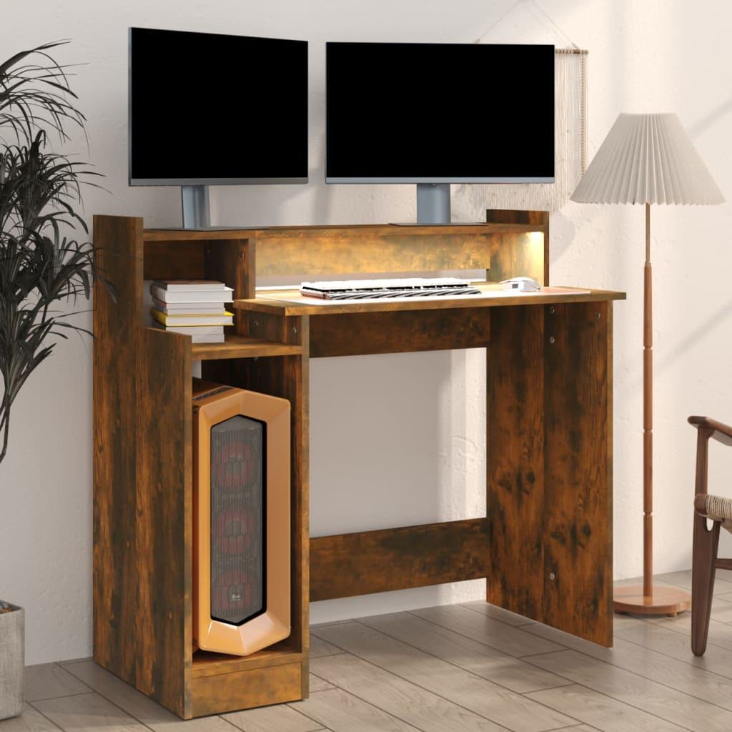 vidaXL Desk with LED Lights Smoked Oak 38.2"x17.7"x35.4" Engineered Wood