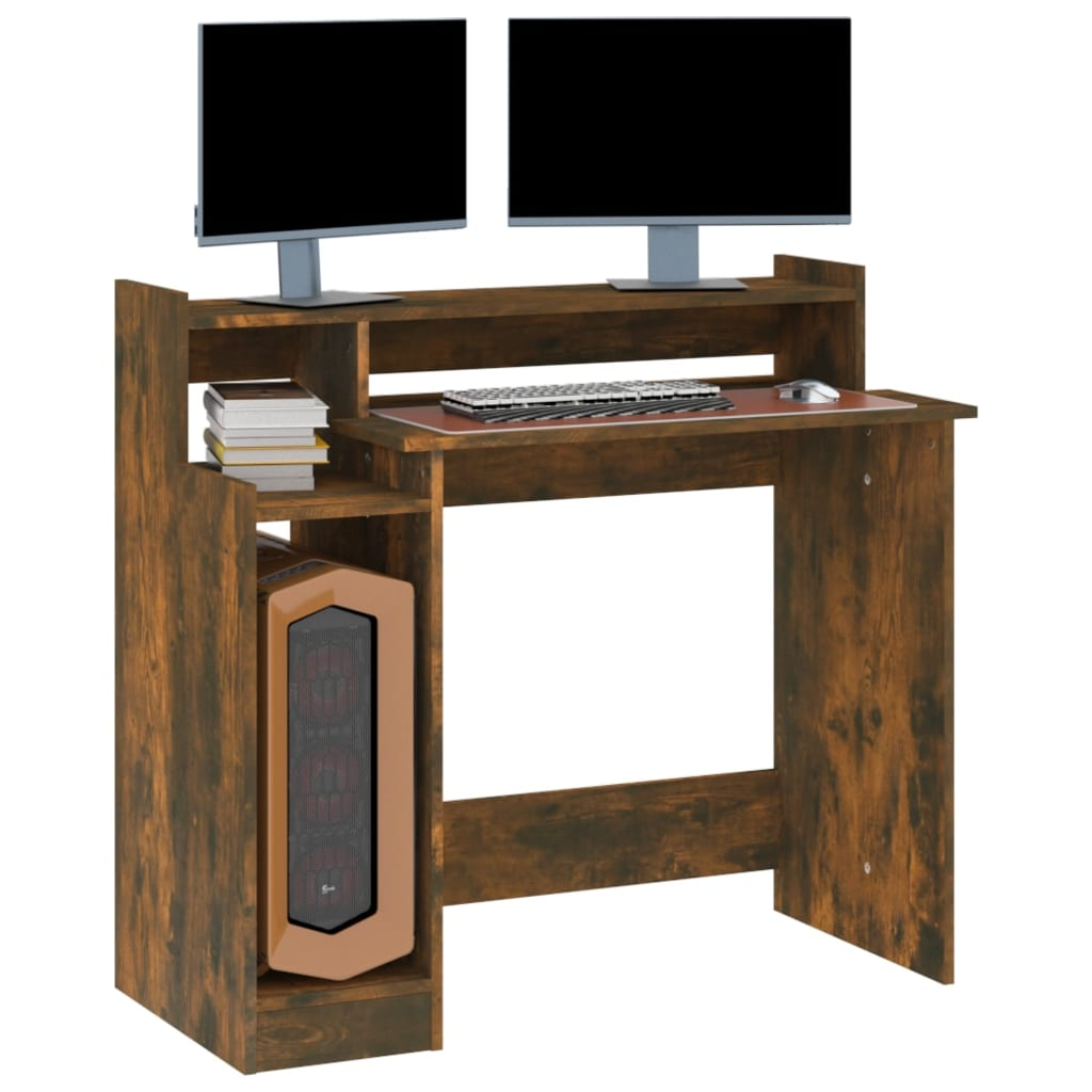 vidaXL Desk with LED Lights Smoked Oak 38.2"x17.7"x35.4" Engineered Wood