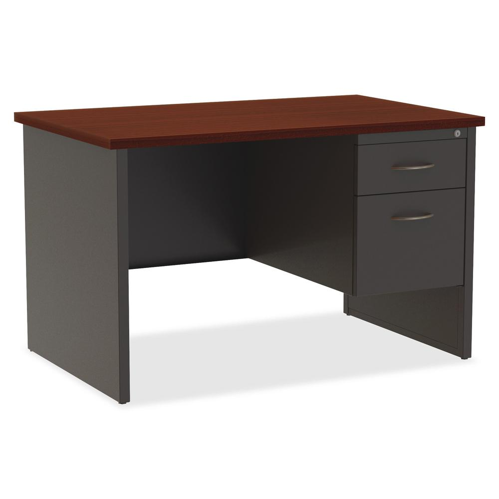 Lorell Mahogany Laminate/Charcoal Modular Desk Series Pedestal Desk - 2-Drawer - 48" x 30" , 1.1" Top - 2 x Box, File Drawer(s) - Single Pedestal on Right Side - Material: Steel - Finish: Mahogany Lam
