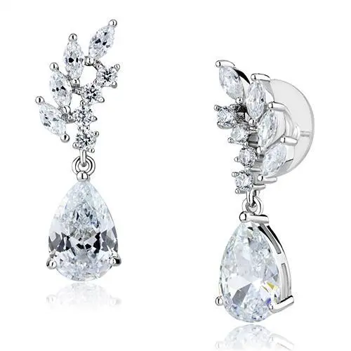 3W1282 - Rhodium Brass Earrings with AAA Grade CZ in Clear