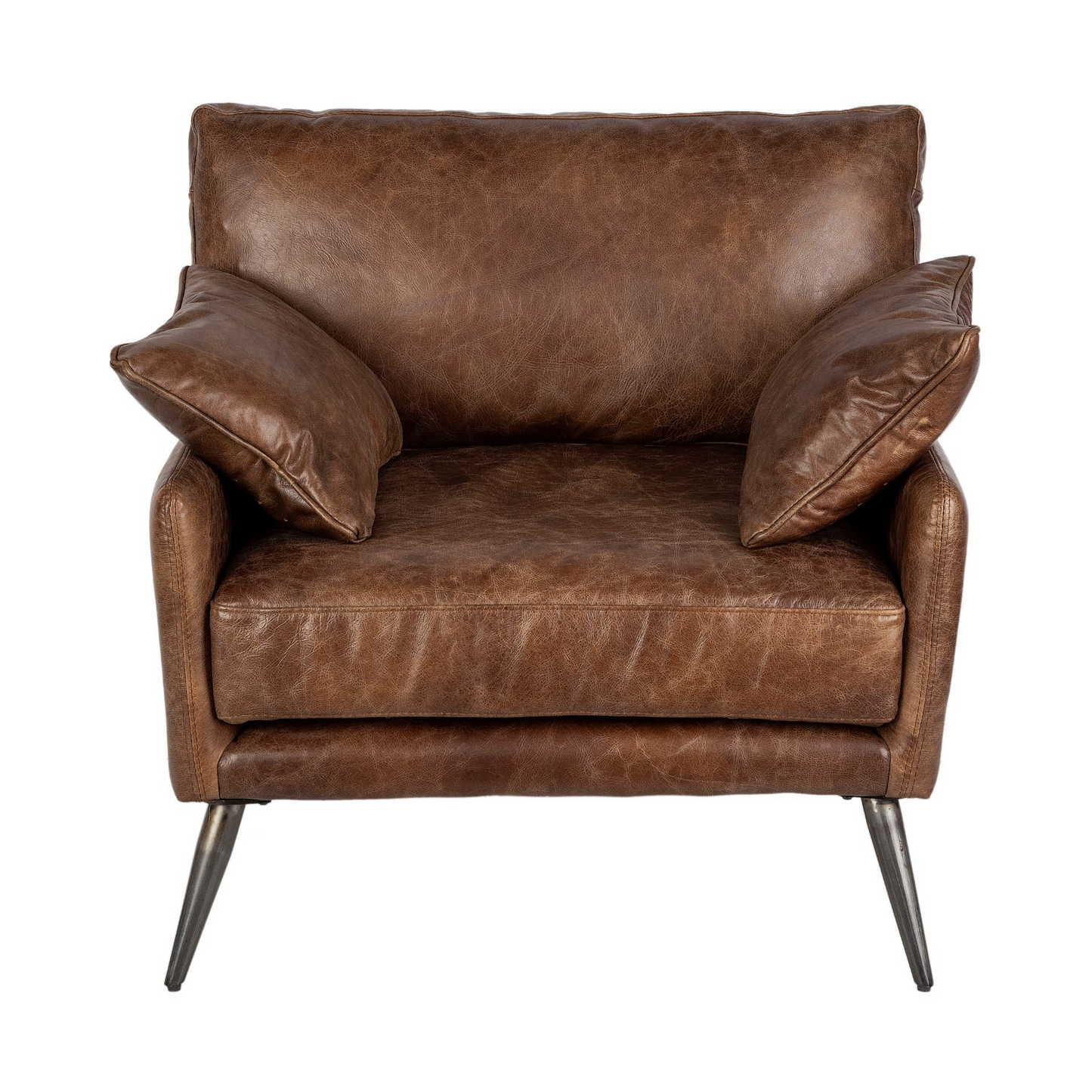 Espresso Brown Top-Grain Leather Wide Accent Chair With Wooden Frame And Iron Legs