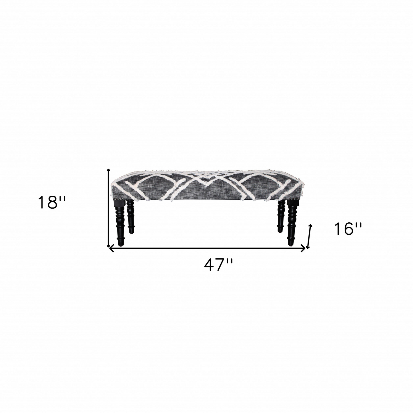 47" Gray And White Geometric Cotton Upholstered Distressed Bench