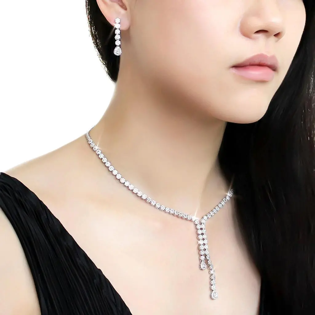 3W1429 - Rhodium Brass Jewelry Sets with AAA Grade CZ in Clear