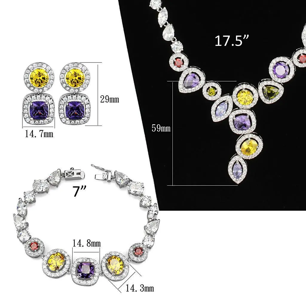 3W930 - Rhodium Brass Jewelry Sets with AAA Grade CZ in Multi Color