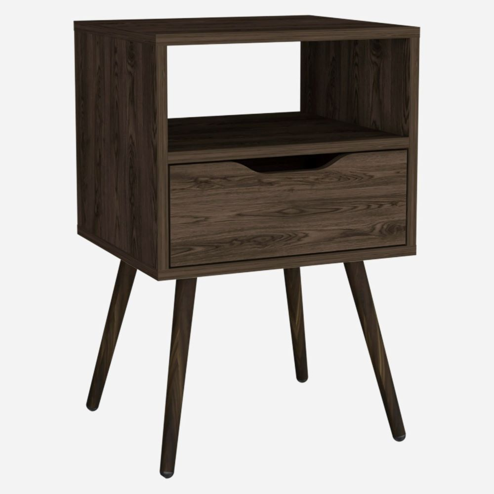 Nightstand Fugaz, Open Shelf, Single Drawer, Dark Walnut Finish
