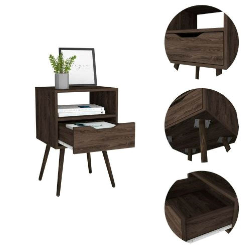 Nightstand Fugaz, Open Shelf, Single Drawer, Dark Walnut Finish