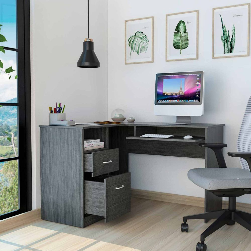 L-Shaped Desk Bradford, Keyboard Shelf, Smokey Oak Finish