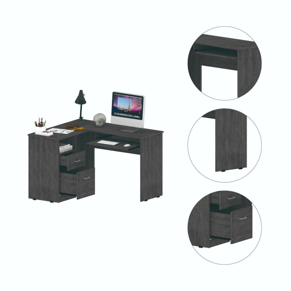 L-Shaped Desk Bradford, Keyboard Shelf, Smokey Oak Finish