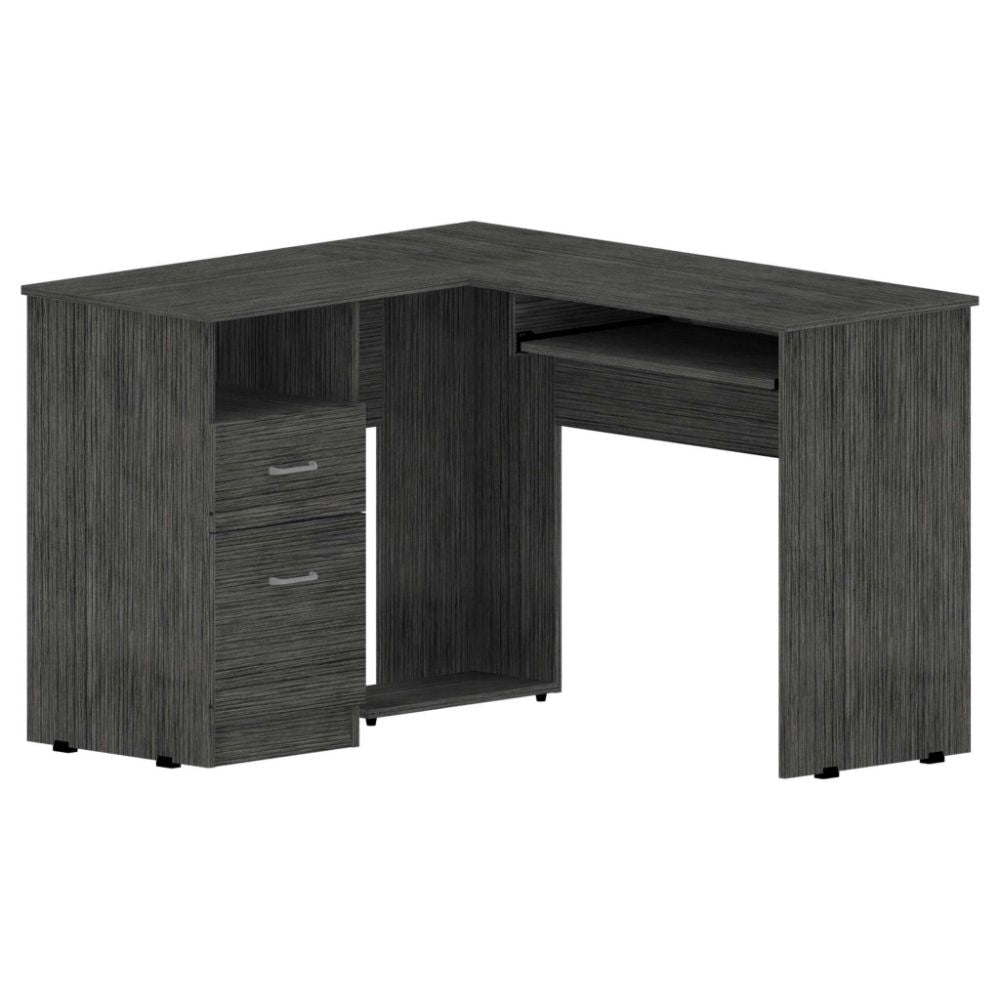 L-Shaped Desk Bradford, Keyboard Shelf, Smokey Oak Finish