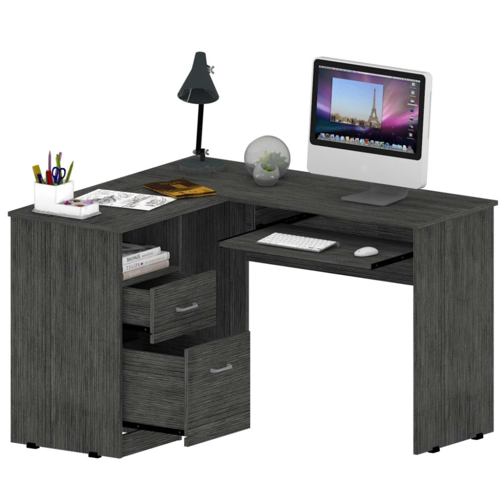 L-Shaped Desk Bradford, Keyboard Shelf, Smokey Oak Finish