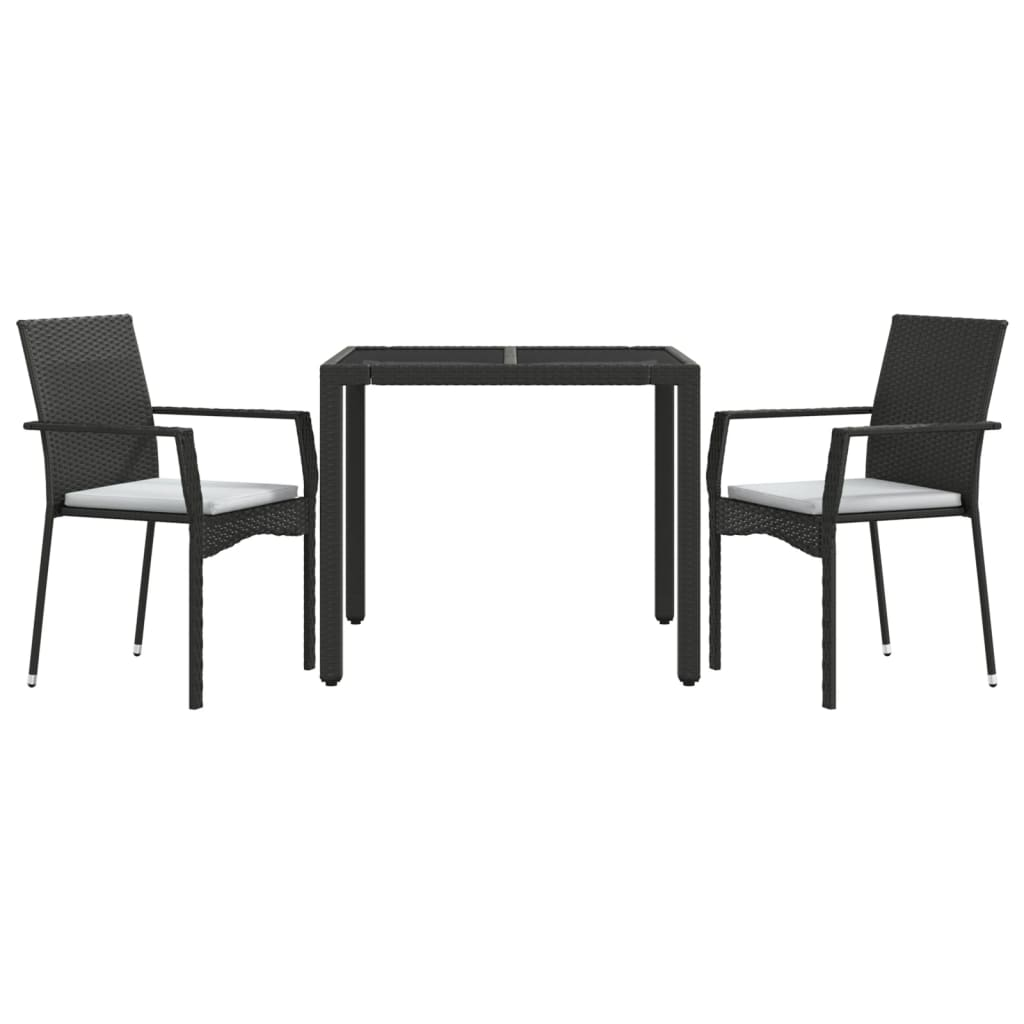 vidaXL 3 Piece Patio Dining Set with Cushions Black Poly Rattan