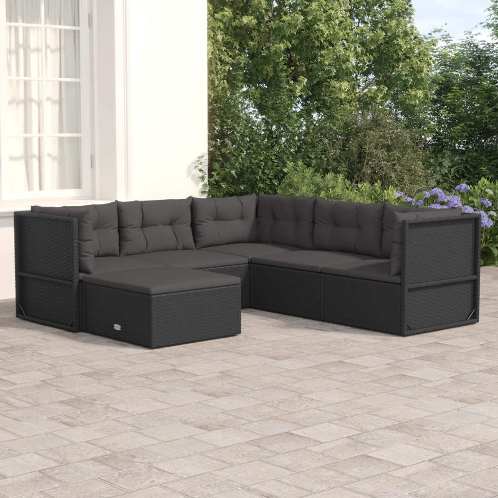vidaXL 6 Piece Patio Lounge Set with Cushions Black Poly Rattan