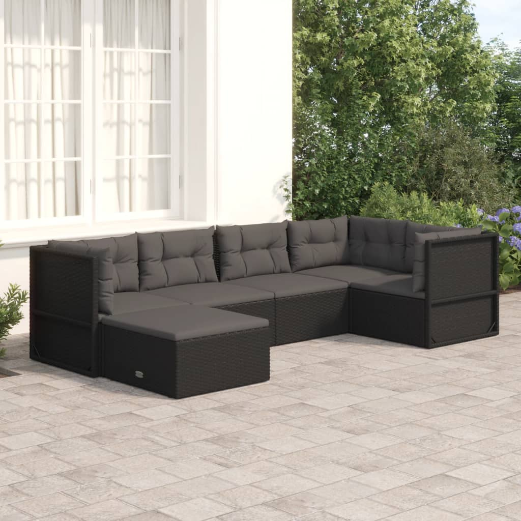 vidaXL 6 Piece Patio Lounge Set with Cushions Black Poly Rattan