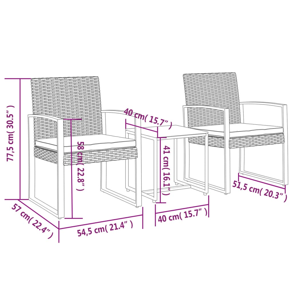 vidaXL 3 piece Patio Dining Set with Cushions Black PP Rattan