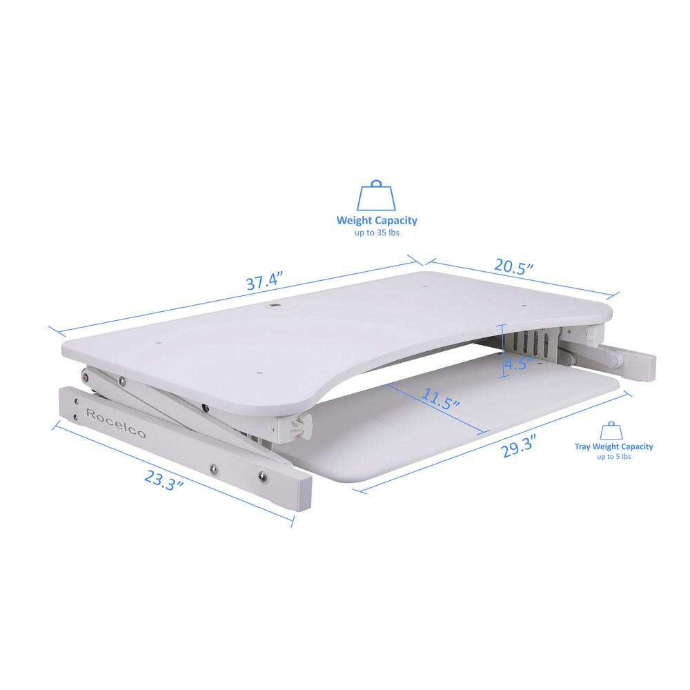 Rocelco 37.5" Deluxe Height Adjustable Standing Desk Converter - Quick Sit Stand Up Dual Monitor Riser - Gas Spring Assist Computer Workstation - Large Retractable Keyboard Tray - White (R DADRW)