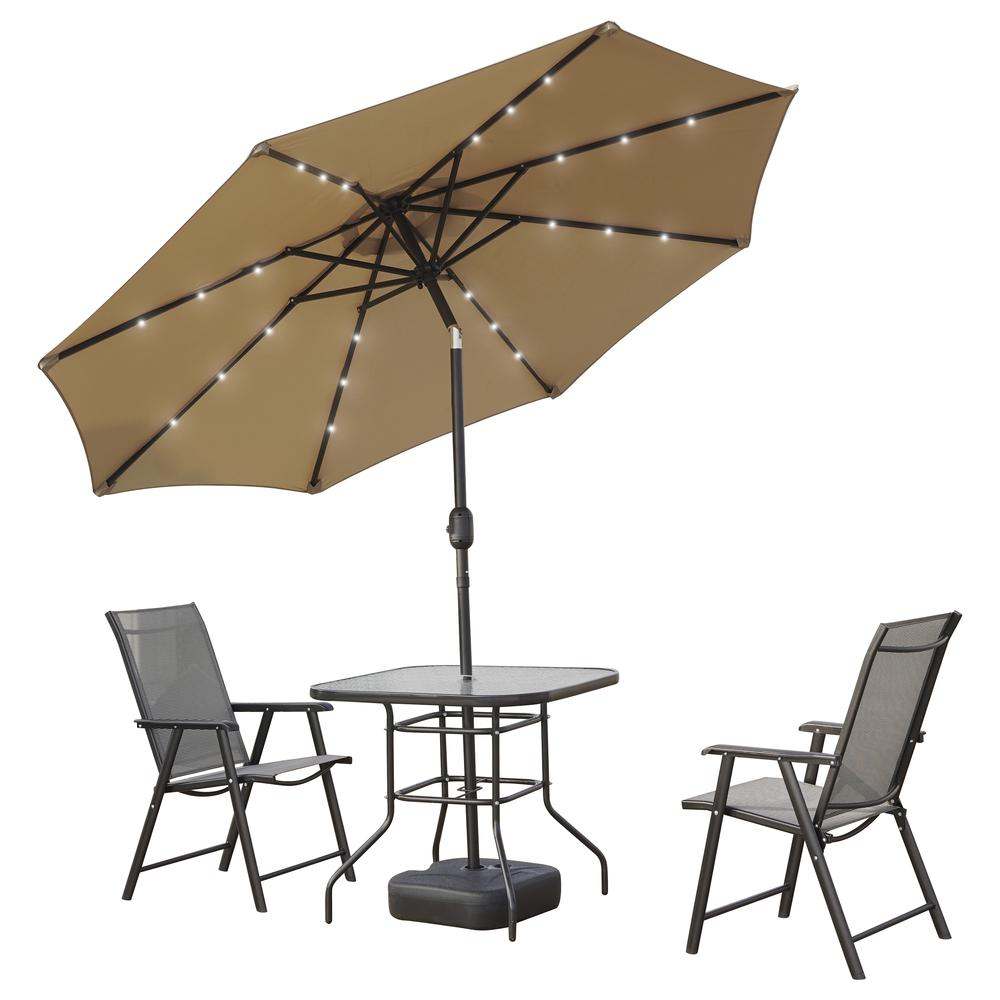 LeisureMod Sierra Modern 9 ft Steel Market Patio Umbrella With Solar Powered LED & Tilt - Beige