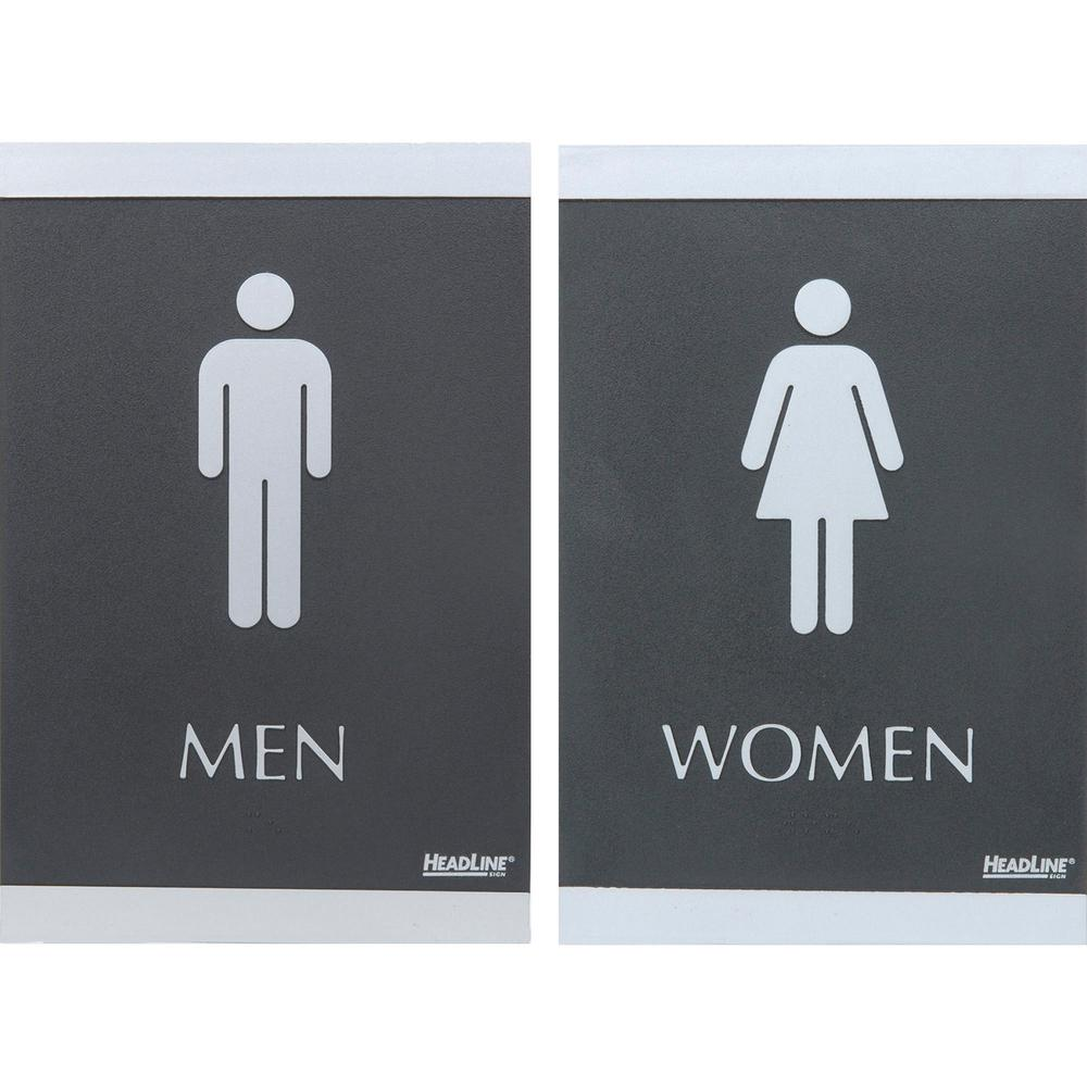 Headline Signs ADA MEN/WOMEN Restroom Sign - 1 Set - Men, Women Print/Message - 6" Width - Rectangular Shape - Silver Print/Message Color - Adhesive Backing, Durable, Pictogram, Self-adhesive, Braille