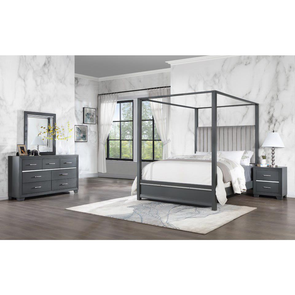 Abrie Tall Canopy Velvet Channeled 4pc Queen Bedroom Set