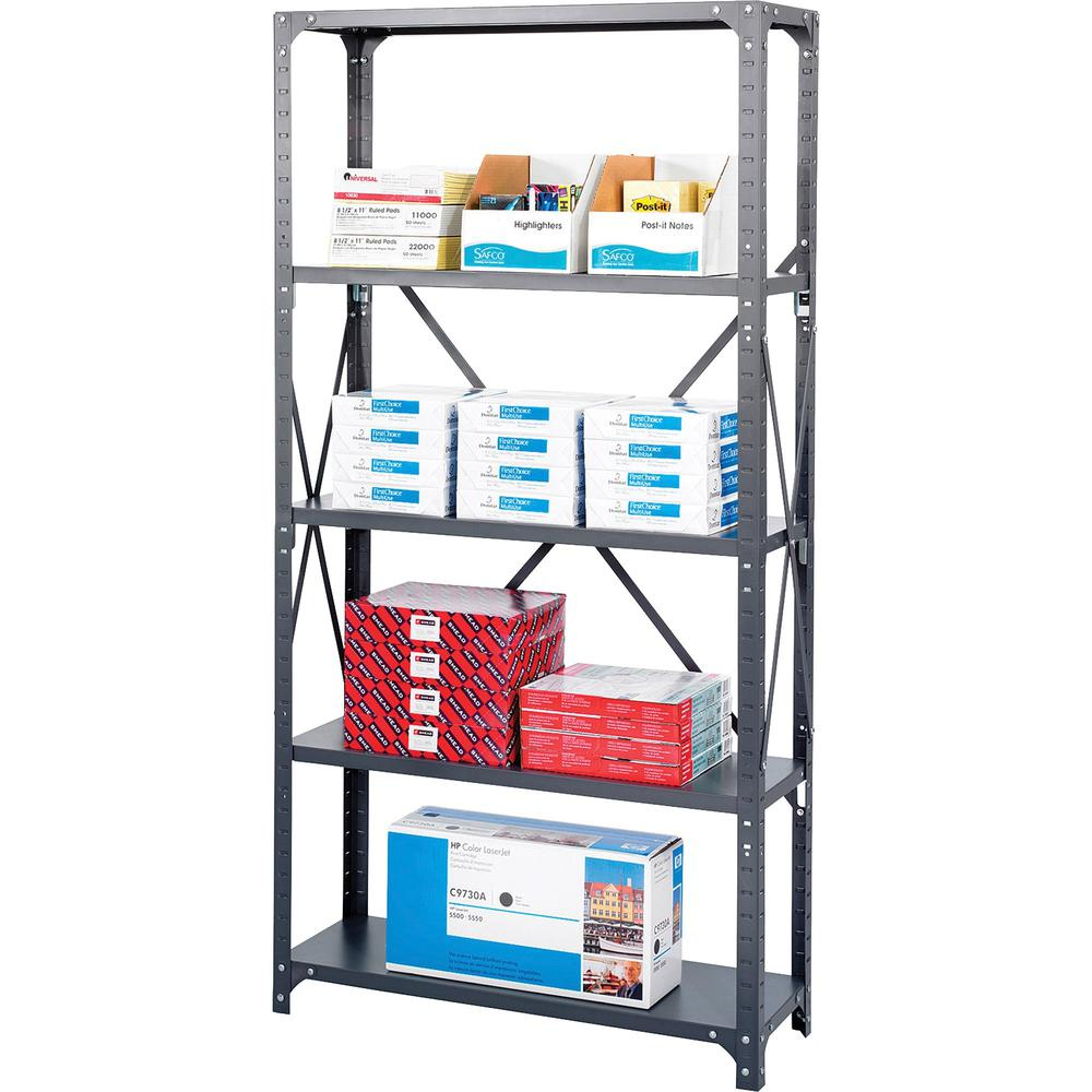 Safco Commercial Shelf Kit - 36" x 18" x 75" - 5 x Shelf(ves) - 3500 lb Load Capacity - Dark Gray - Powder Coated - Steel - Assembly Required