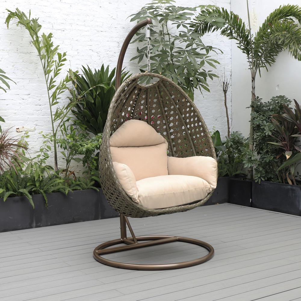 LeisureMod Wicker Hanging Egg Swing Chair in Beige