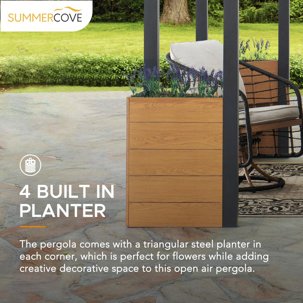 Sunjoy Marbella 10 x 12ft. Outdoor Patio Black Steel Frame Pergola with Planters