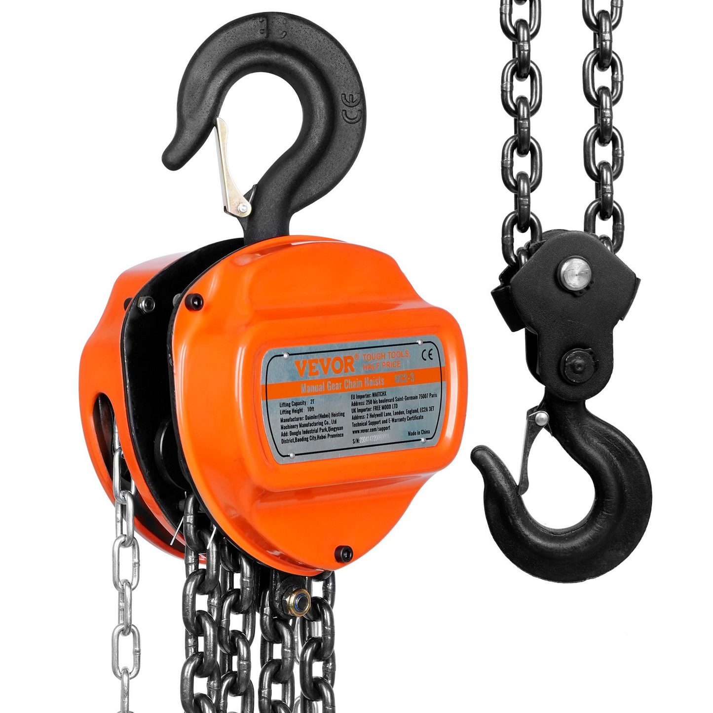 VEVOR Manual Chain Hoist, 2 Ton 4400 lbs Capacity 10 FT Come Along, G80 Galvanized Carbon Steel with Double-Pawl Brake, Auto Chain Leading & 360° Rotation Hook, for Garage Factory Dock