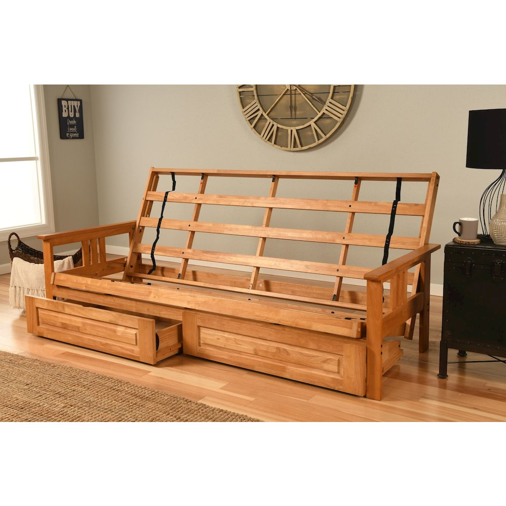 Monterey Frame Queen-Butternut Finish-Linen Charcoal Mattress-Storage Drawers