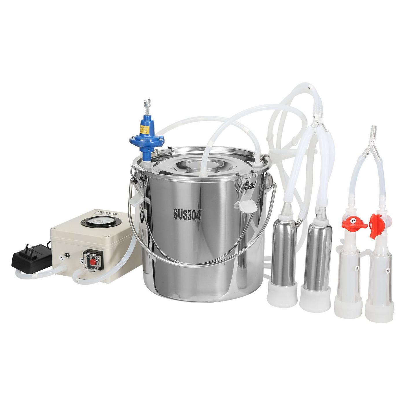VEVOR Goat Milking Machine, 12 L 304 Stainless Steel Bucket, Electric Automatic Pulsation Vacuum Milker, Portable Milker with Food-grade Silicone Cups and Tubes, Adjustable Suction for Cows and Sheep