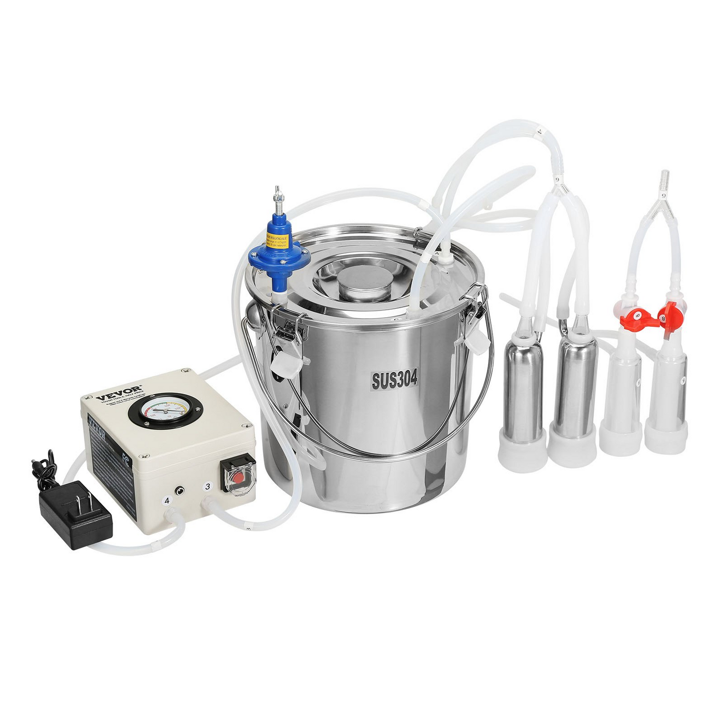 VEVOR Goat Milking Machine, 12 L 304 Stainless Steel Bucket, Electric Automatic Pulsation Vacuum Milker, Portable Milker with Food-grade Silicone Cups and Tubes, Adjustable Suction for Cows and Sheep