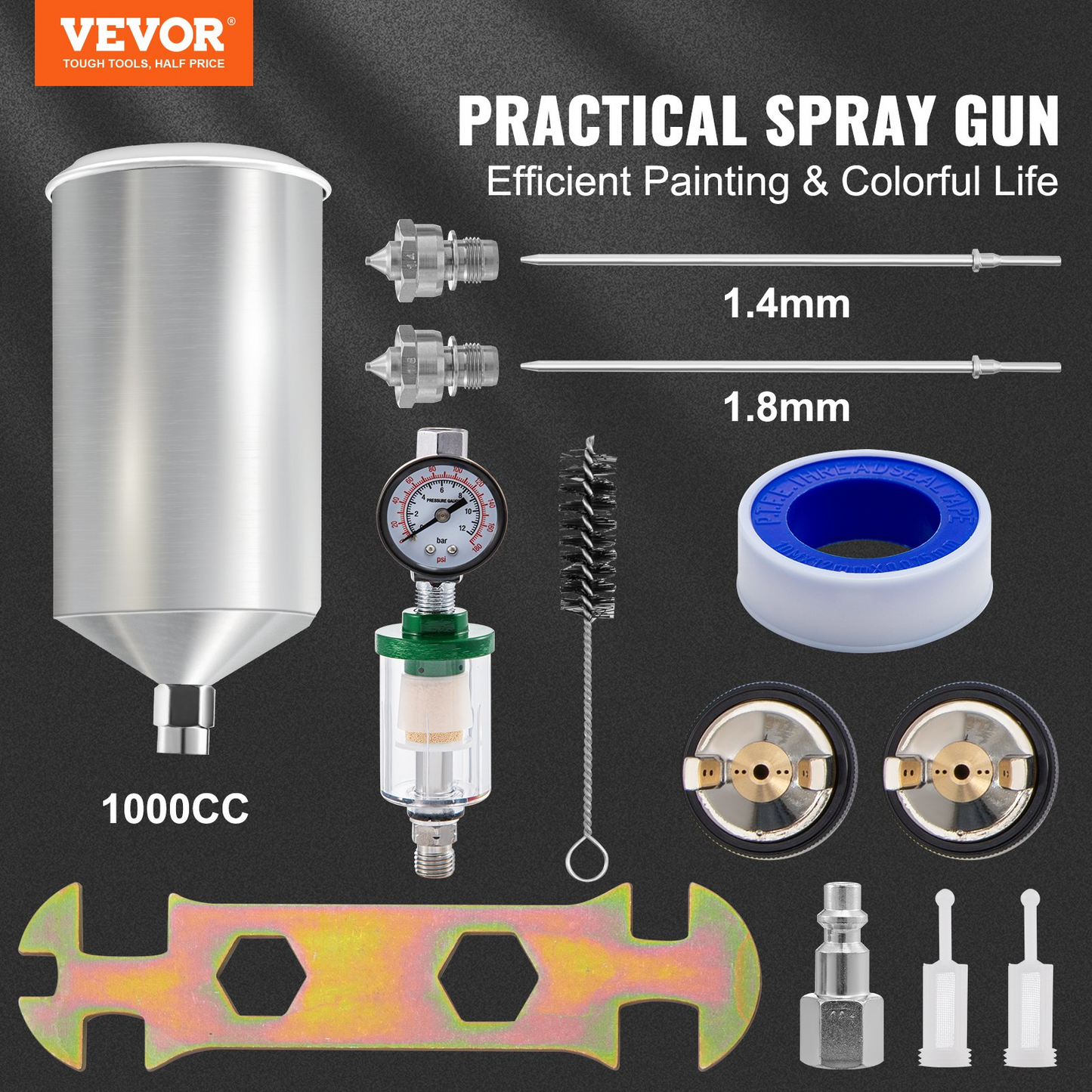 VEVOR Air Spray Gun Kit Paint Gun Gravity Feed LVLP 1.3/1.4/1.8 mm Nozzle