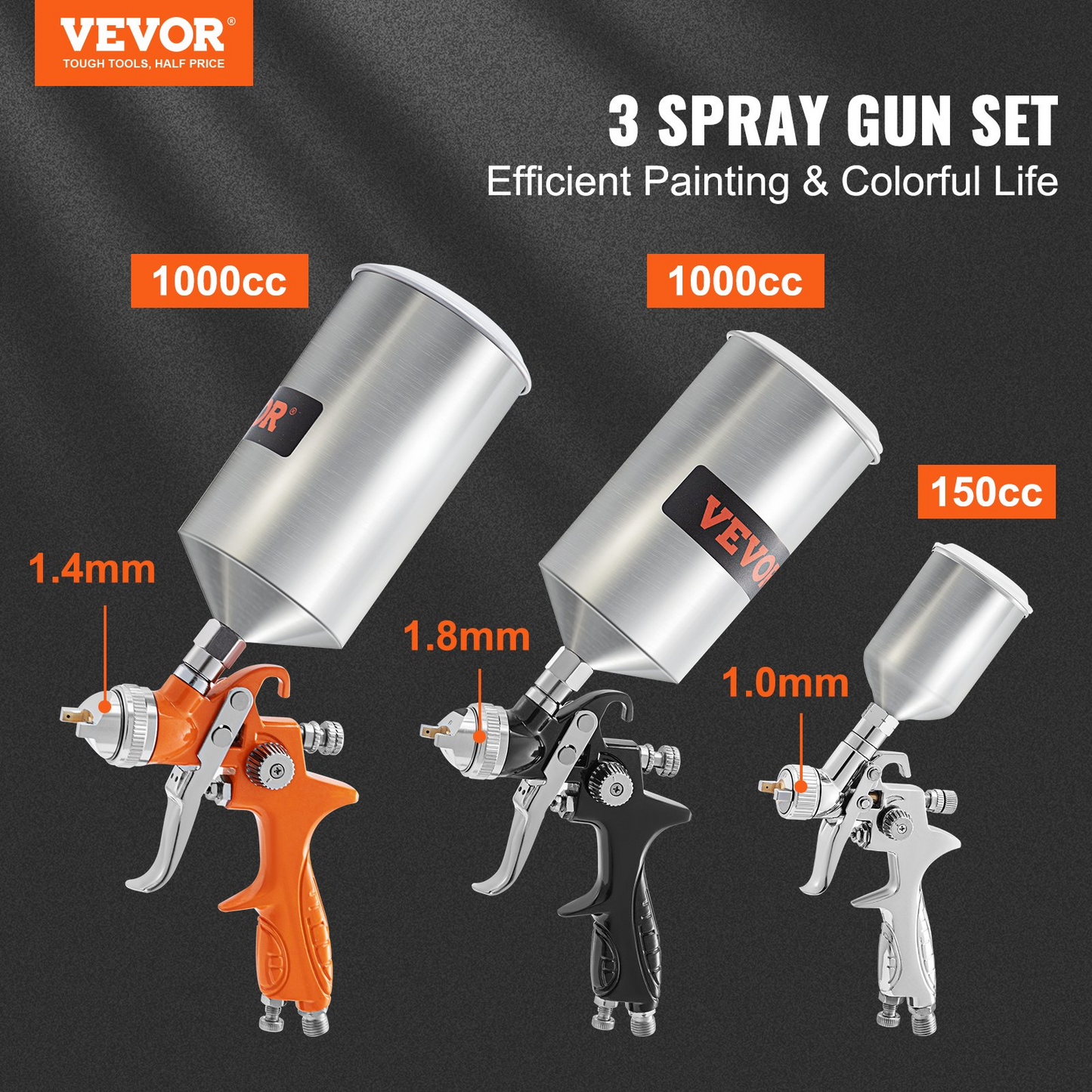 VEVOR Auto Paint Air Spray Gun Kit Gravity Feed Car Primer 1.0/1.4/1.8 mm Nozzle
