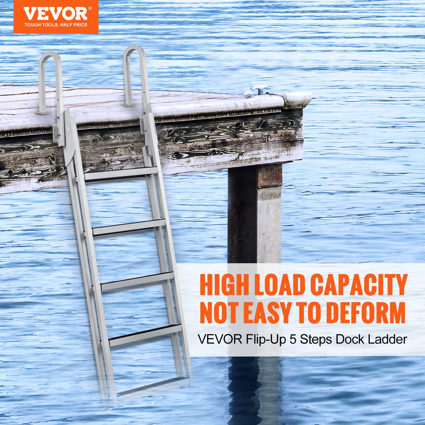 VEVOR Dock Ladder Flip Up 5 Steps, 350lbs Load Capacity, Aluminum Pontoon Boat Ladder with 4" Wide Step & Nonslip Rubber Mat,Swimm Step Ladder for Ship/Lake/Pool/Marine Boarding