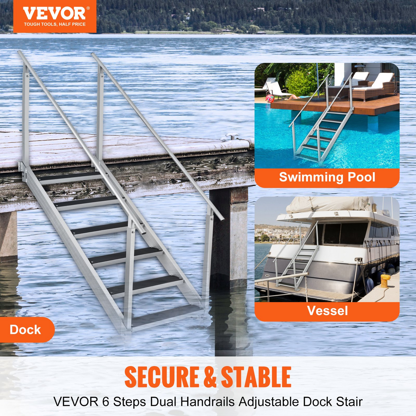 VEVOR Dock Ladder, 43''-51'' Adjustable Height, 500 lbs Load Capacity, Aluminum Alloy 6 Steps Pontoon Boat Ladder with Dual Handrails & Nonslip Rubber Mat, Ideal for Ship/Lake/Pool/Marine Boarding