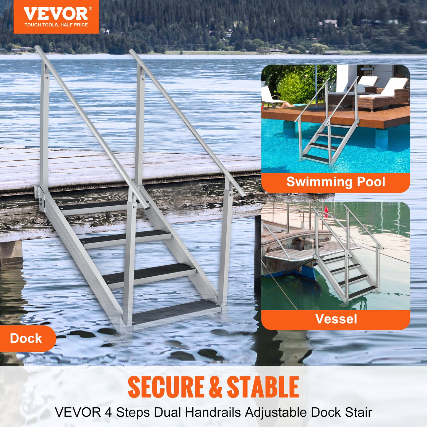VEVOR Dock Ladder 4 Step, Dock Stairs 30''-38'' Adjustable Height, 500 lbs Load Capacity, Aluminum Pontoon Boat Ladder with Dual Handrails & Nonslip Rubber Mat for Ship/Lake/Pool/Marine Boarding