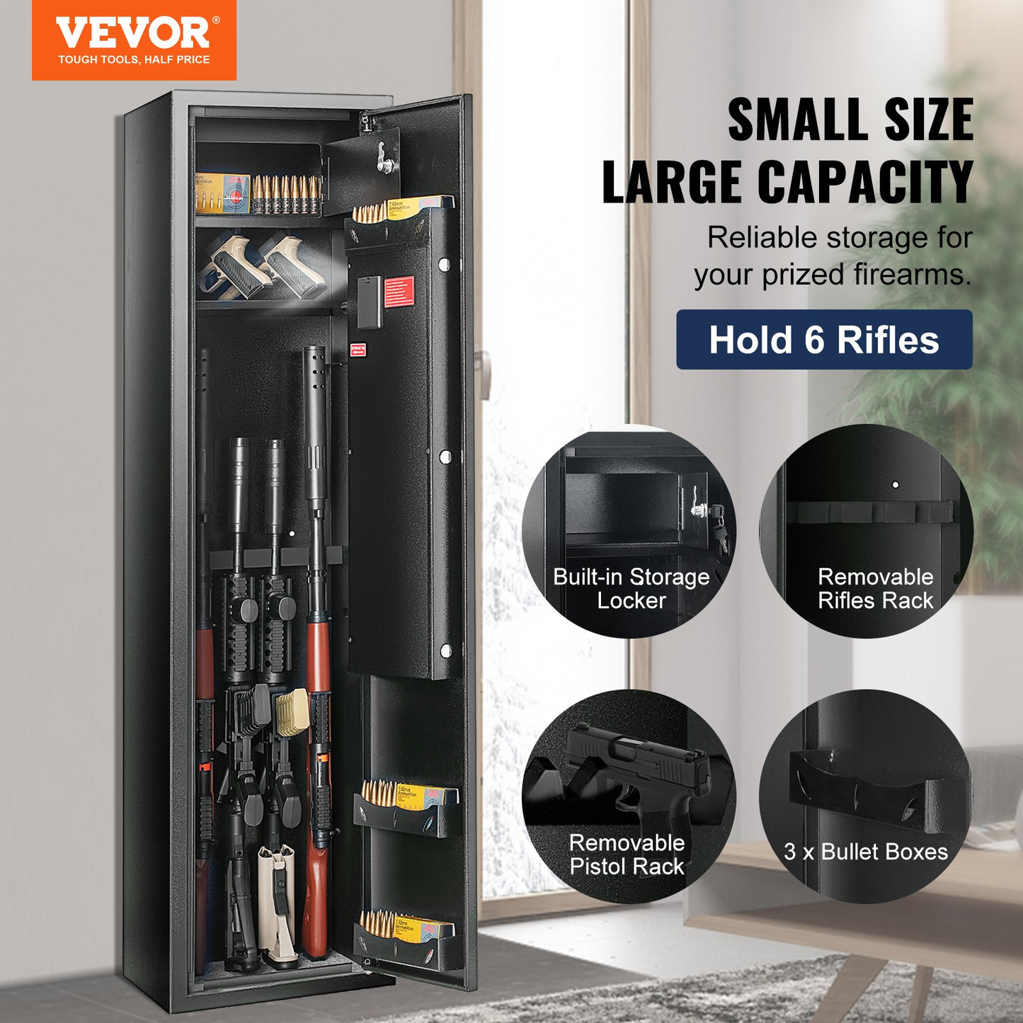 VEVOR 6 Rifles Gun Safe, Rifle Safe with Fingerprint & Digital Keypad Lock, Gun Storage Cabinet with Built-in Storage Locker and Removable Storage Shelf for Pistols & Home Long Gun