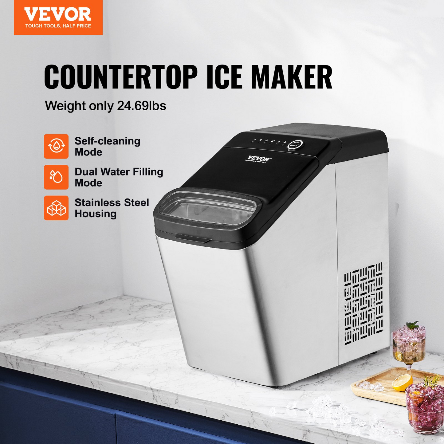 VEVOR Countertop Ice Maker, 9 Cubes Ready in 7 Mins, 33lbs in 24Hrs, Self-Cleaning Portable Ice Maker with Ice Scoop and Basket, 2 Ways Water Refill Ice Machine with 2 Size Bullet Ice for Kitchen Bar