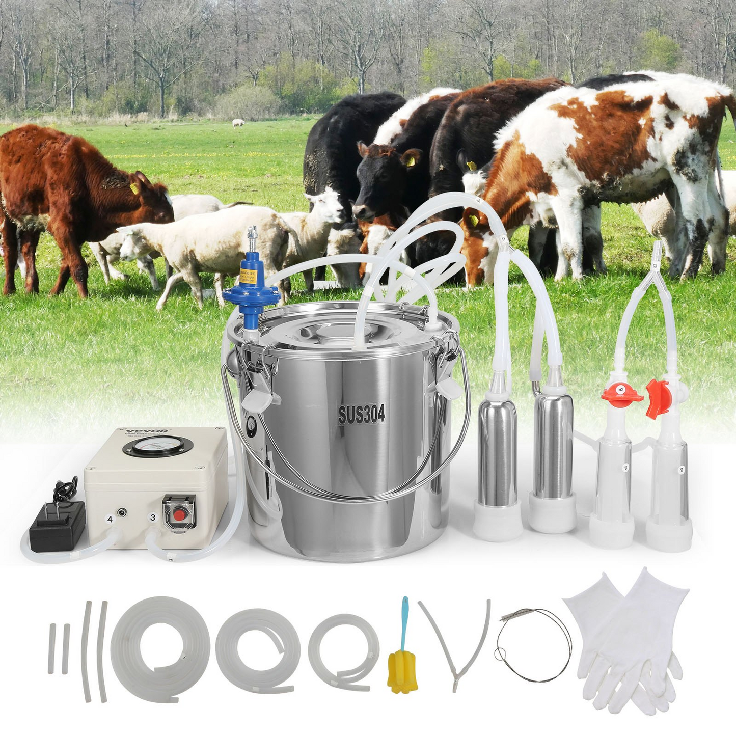 VEVOR Goat Milking Machine, 12 L 304 Stainless Steel Bucket, Electric Automatic Pulsation Vacuum Milker, Portable Milker with Food-grade Silicone Cups and Tubes, Adjustable Suction for Cows and Sheep