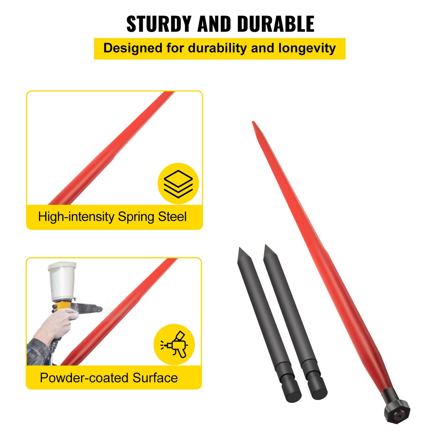 VEVOR Hay Spear 49" Bale Spear 3000 lbs Capacity, Bale Spike Quick Attach Square Hay Bale Spears 1 3/4" Wide, Red Coated Bale Forks, Bale Hay Spike with 2 Stabilizer Spears Conus 2
